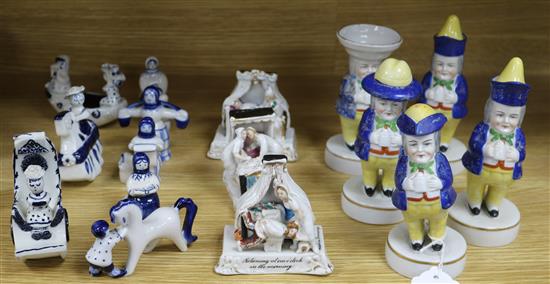 A set of Toby pottery condiments, 8 Wilfred Gibson figures, and 3 Fairings tallest 16cm